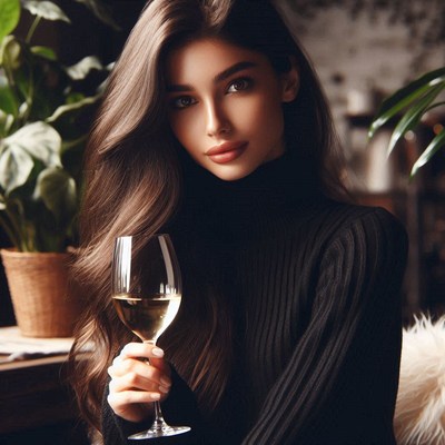 A woman holds a glass of white wine
