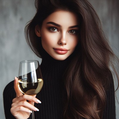 A woman holds a glass of wine