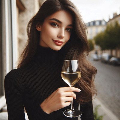 A woman enjoys a glass of wine on a balcony