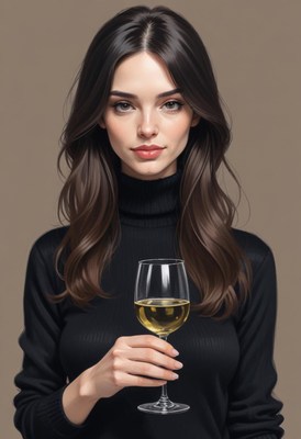 A woman holds a glass of wine