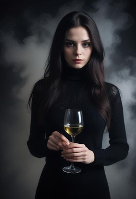 A woman in a black turtleneck holds a glass of wine