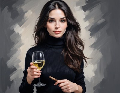 Woman with dark hair holds wine and cigar