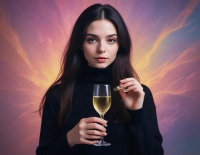 A woman holds a glass of white wine and looks at the camera