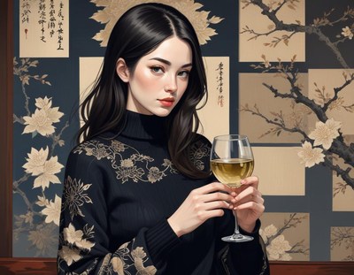 A woman holds a glass of wine in front of a floral wall