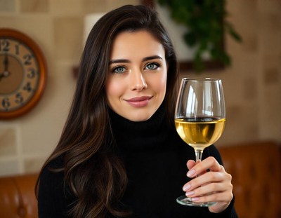 A woman holds a glass of white wine