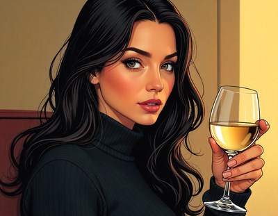 A woman with long black hair holds a glass of white wine