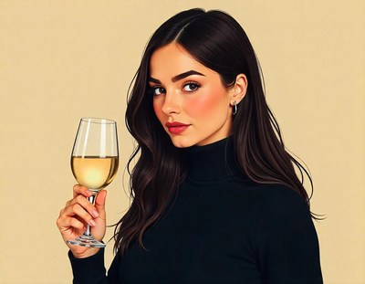 A woman in a black turtleneck holds a glass of white wine