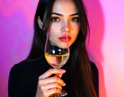 A woman with long, dark hair holds a glass of white wine