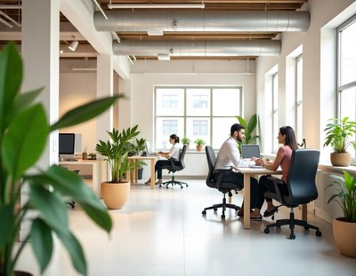 Two colleagues discuss work in a modern office