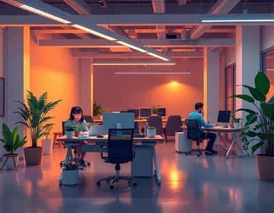 Two people work at desks in an office
