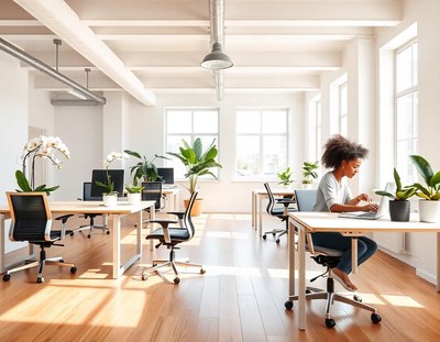 A woman works on her laptop in a modern office