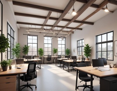A modern office with large windows and exposed beams
