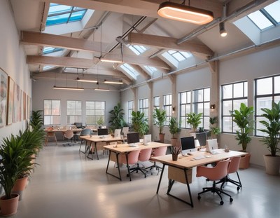 A modern office with large windows and skylights
