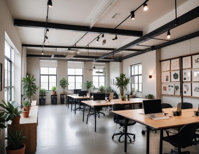 A modern office space with large windows