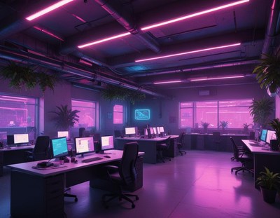 A modern office space with pink neon lights