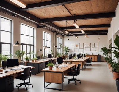 An open office space with natural light and plants