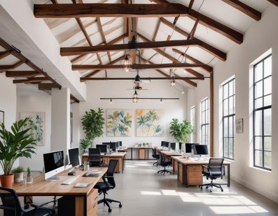 Modern office with wood beams and big windows