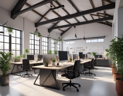 A modern office with large windows and exposed beams