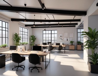 A modern office with large windows and black beams