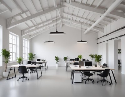 A modern office with large windows and sleek black desks