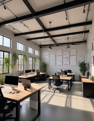 Modern office space with large windows and natural light