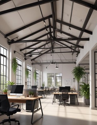 Modern office with big windows and beams