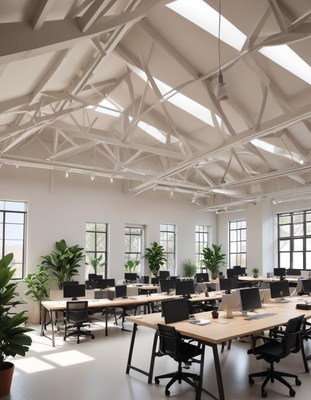 A modern office with skylights and large windows