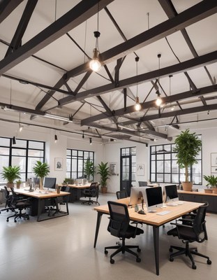 Modern office space with large windows and exposed beams