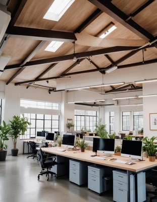 A modern office with a wooden ceiling and large windows
