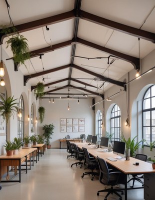 A modern office with a long desk and comfortable chairs