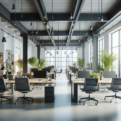 A modern office space with open floor plan and natural light