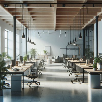 A modern office space with wood floors and desks