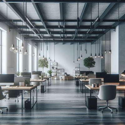 A modern office space with large windows and exposed beams