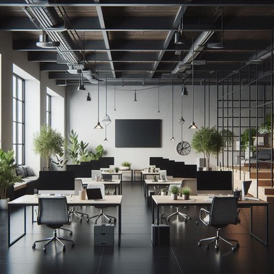 A modern office with black and white decor