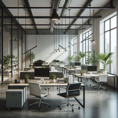 Modern office with big windows and industrial lighting