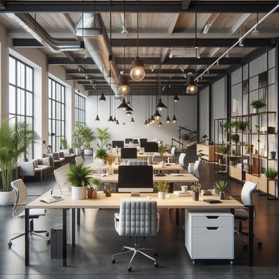 A modern office space with large windows and exposed beams