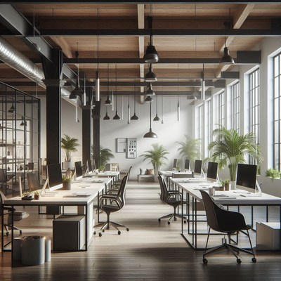 A modern office with white desks and black chairs