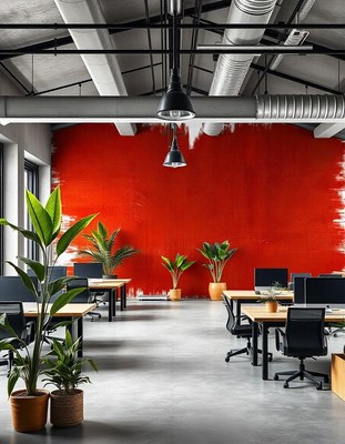 A modern office with red walls and plants