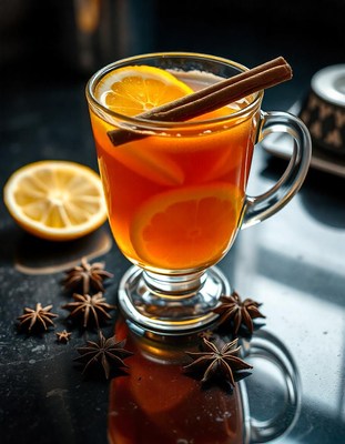 A glass of warm spiced cider with lemon and cinnamon