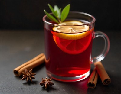 A glass of red tea with lemon and cinnamon sticks