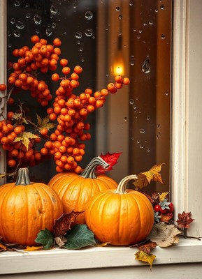 Pumpkins and berries adorn a window on a rainy day