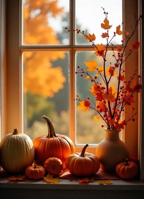 Pumpkins and fall foliage adorn a windowsill