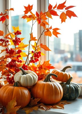 Pumpkins and fall foliage sit on a windowsill