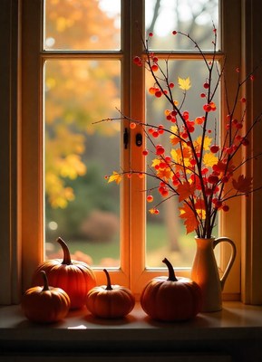 Pumpkins sit on a window sill with fall foliage