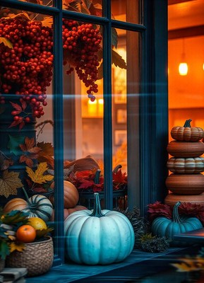 A blue pumpkin sits on a windowsill with autumn decorations