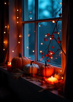 Pumpkins and candles glow on a fall window sill