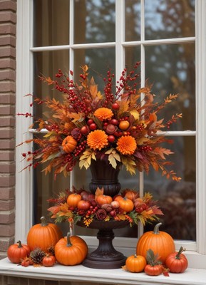 A fall flower arrangement with pumpkins sits on a windowsill