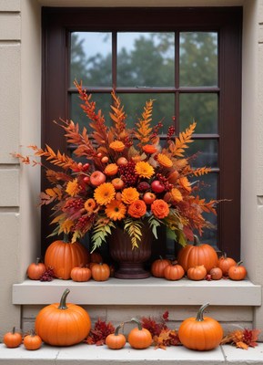 A fall flower arrangement with pumpkins sits on a windowsill