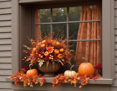 A window is decorated with pumpkins and autumn foliage
