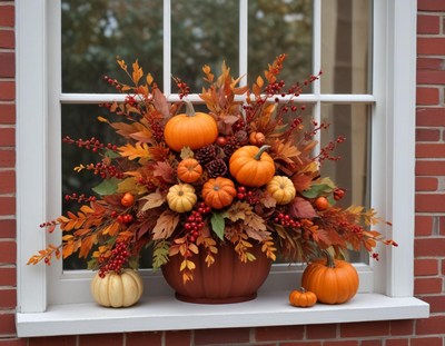 A fall window display with pumpkins, berries, and leaves
